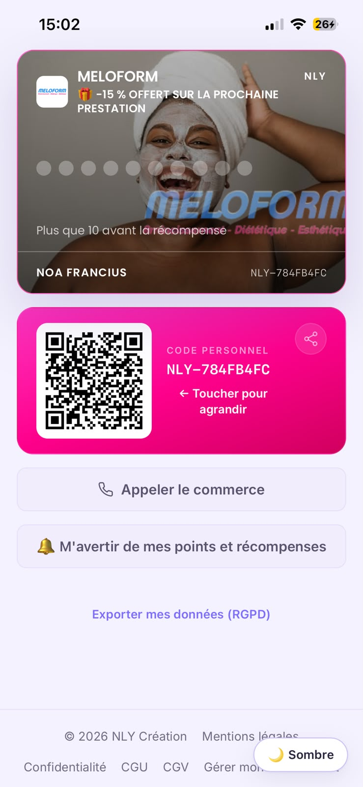 Carte de fidélité digitale Méloform affichée sur un téléphone